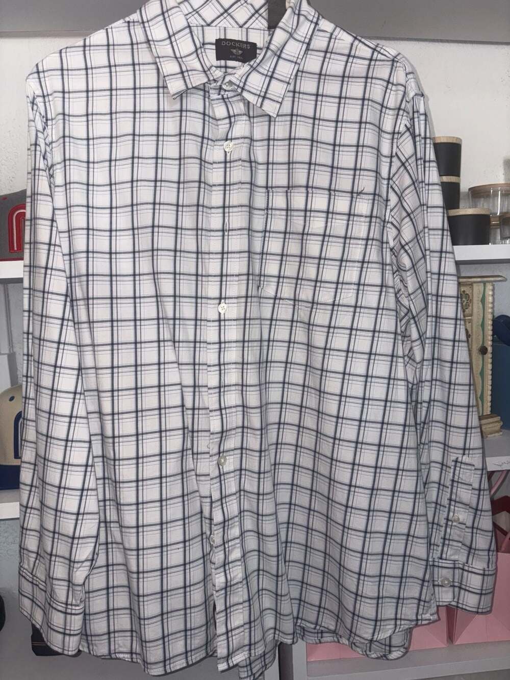 Dockers Mens White Plaid Long Sleeve Button Up Shirt XL